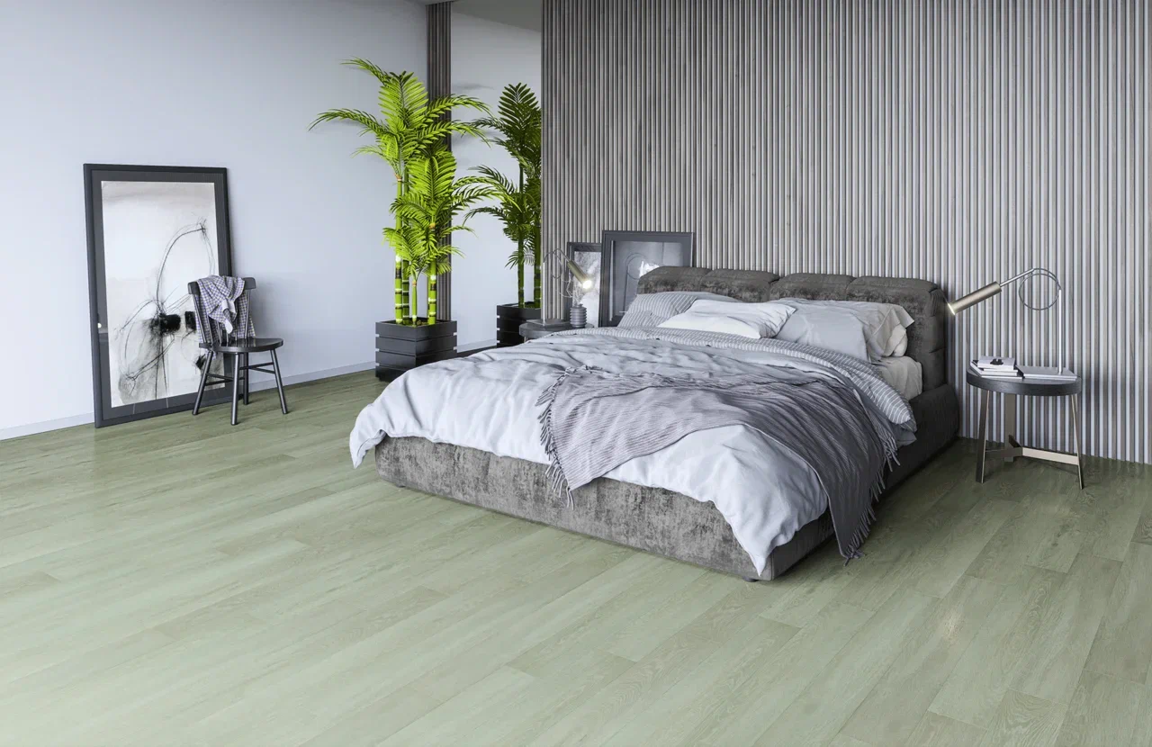 Кварцвиниловый SPC ламинат Home Expert Natural Дуб Густой туман 2106-12 1220×150×3,5 фото в интерьере